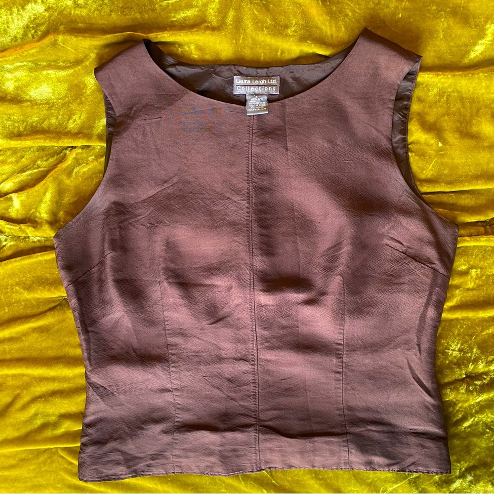 Vintage 100% Silk Brown lined Structured Laura Leigh ltd size 8 tank top blouse